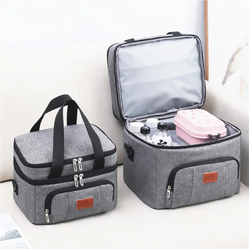 Double Layer Insulated Lunch Bag with Shoulder Strap – Large Capacity Picnic & Travel Tote